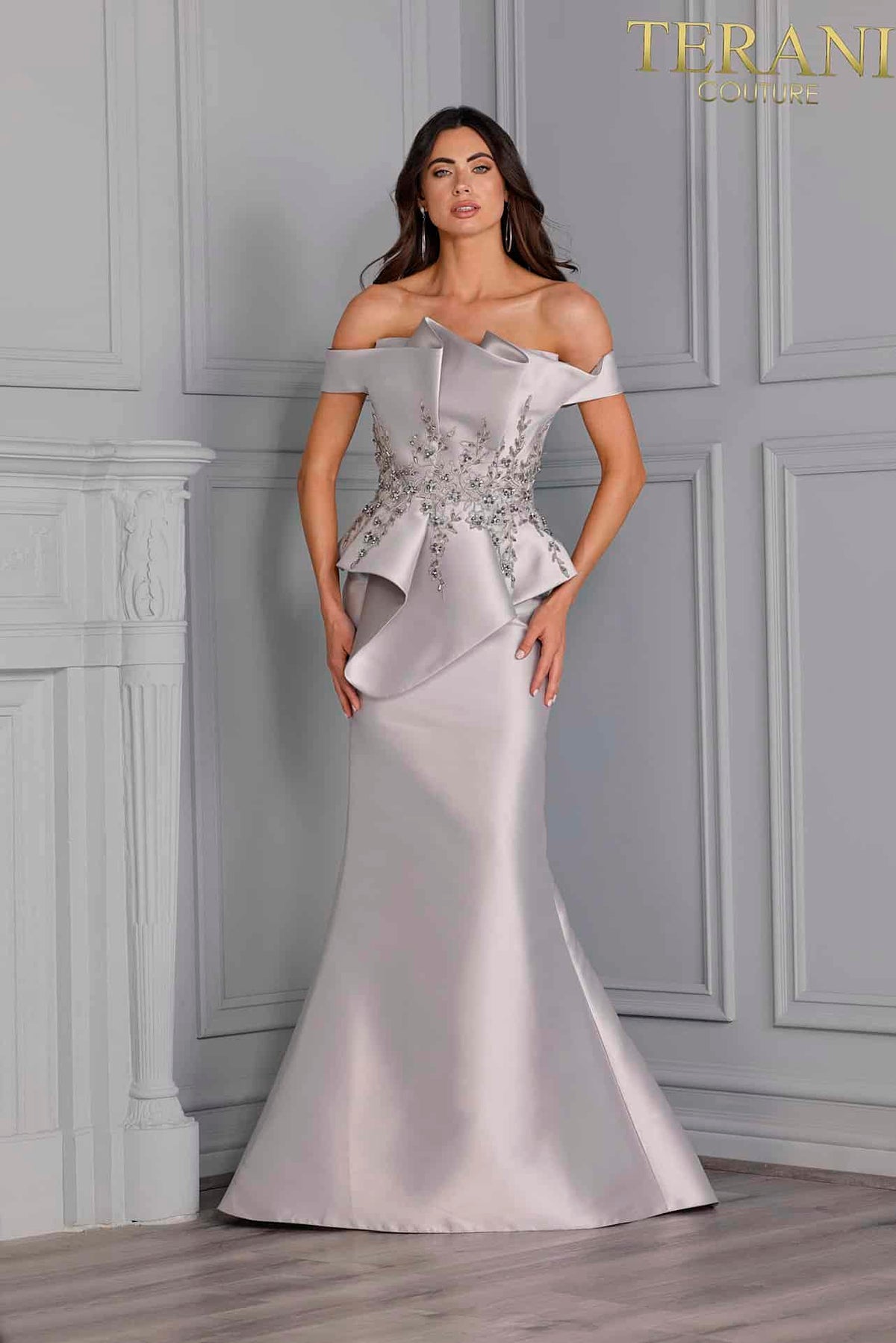 Terani Couture 2021E2835 in Silver Taupe