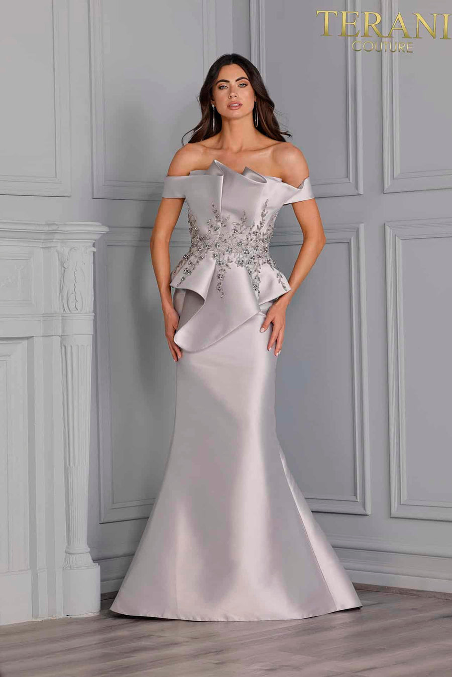 Terani Couture 2021E2835 in Silver Taupe