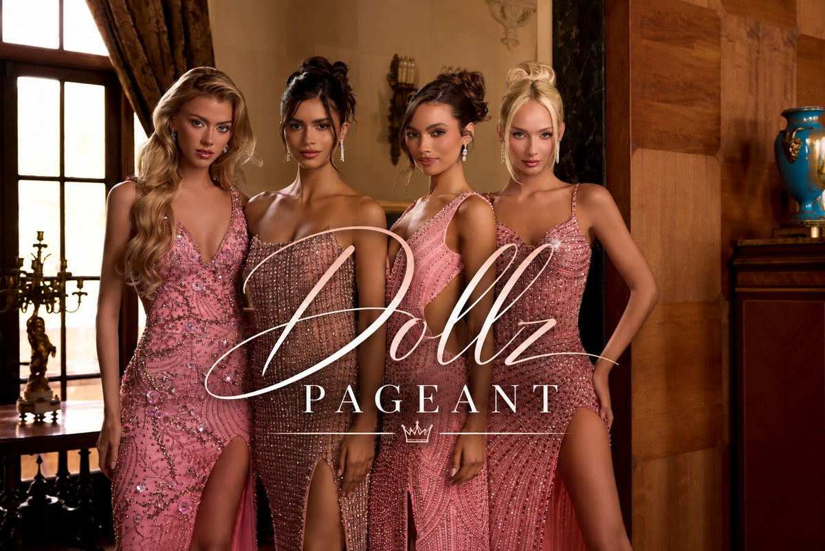 Dollz Pageant — four models in pink beaded pageant gowns